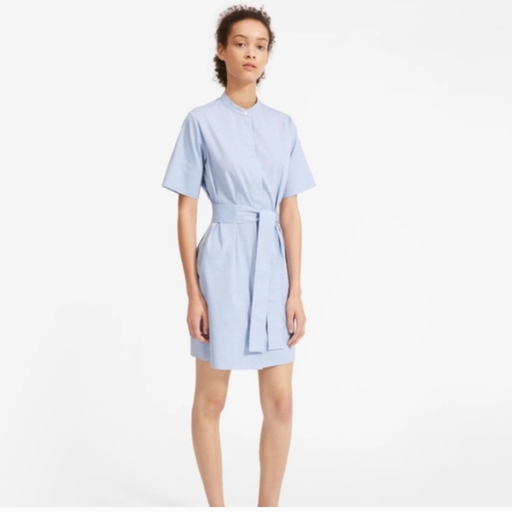 Everlane 8 blue chambray collarless shirt dress